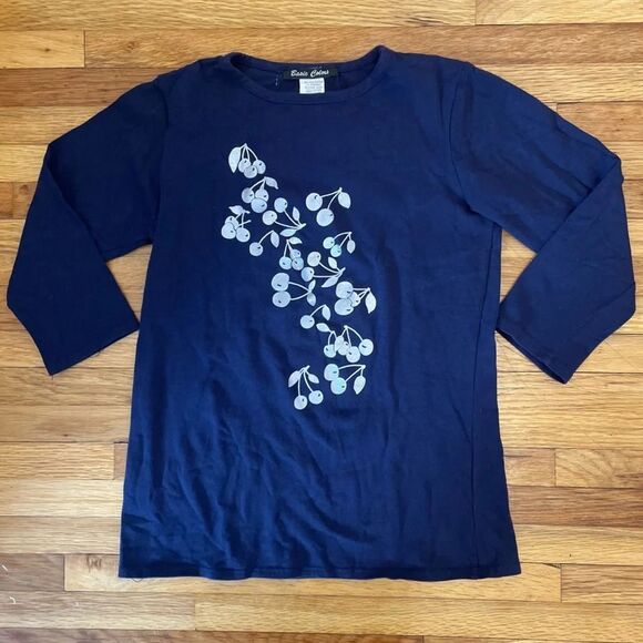 4/$25 Basic Colors 3/4 Sleeve Navy T-Shirt Silver Cherry Graphic Girls Size 16 - Picture 1 of 4